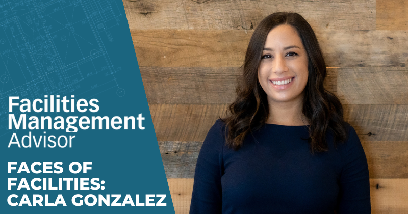 Headshot of Carla Gonzalez next to Facilities Management Advisor logo.