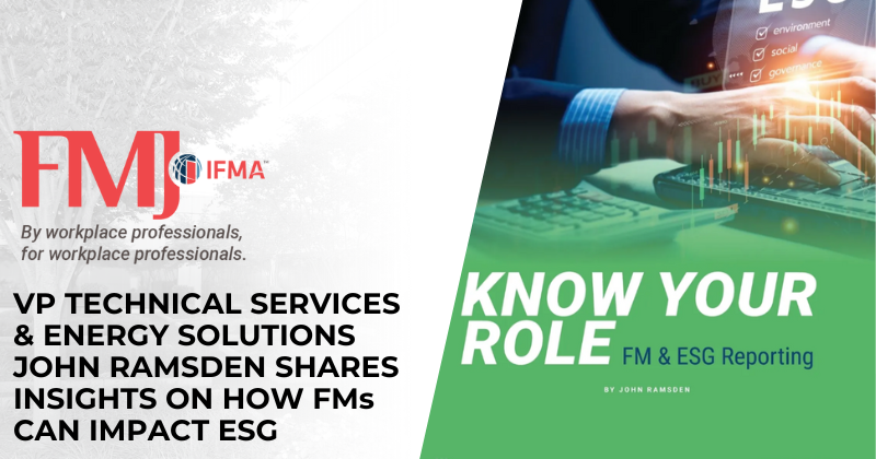 A graphic featuring IFMA's FMJ logo and the magazine headline for "Know Your Role - FM & ESG Reporting"