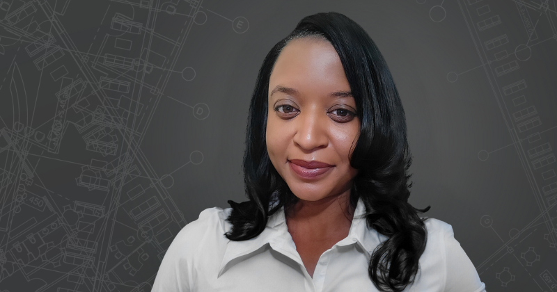 Natacha Jacque's headshot on a stylized blueprint background.