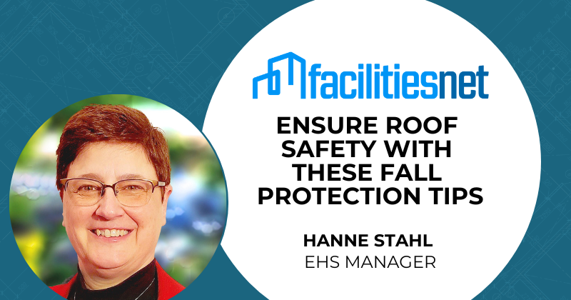 Hanne Stahl's photo next to the FacilitiesNet logo on a designed graphic template.