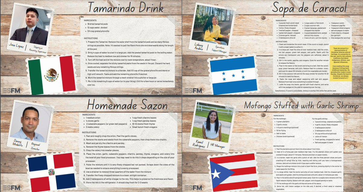 The graphic features four ESFM recipe cards including the submitter's photo and flag of their nation of heritage stacked together. Click graphic to view the recipes.