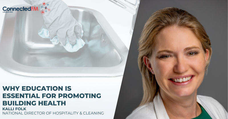 Kalli Folk's professional headshot superimposed on a graphic showing gloved hands disinfecting a sink.