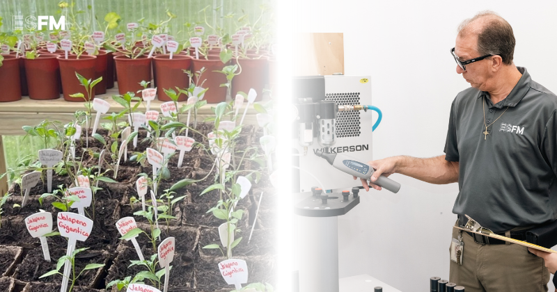 A graphic featuring vegetables grown on site and a team member scanning a site for air leaks.