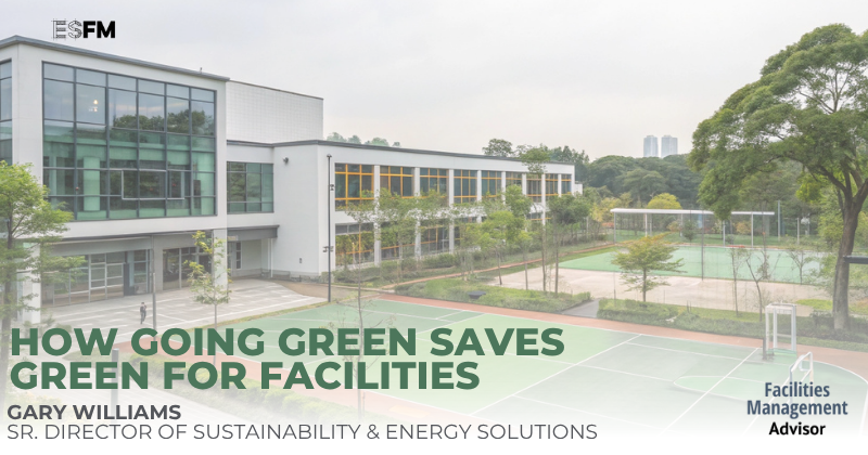 A graphic featuring a business facility with bright, green landscaping features.